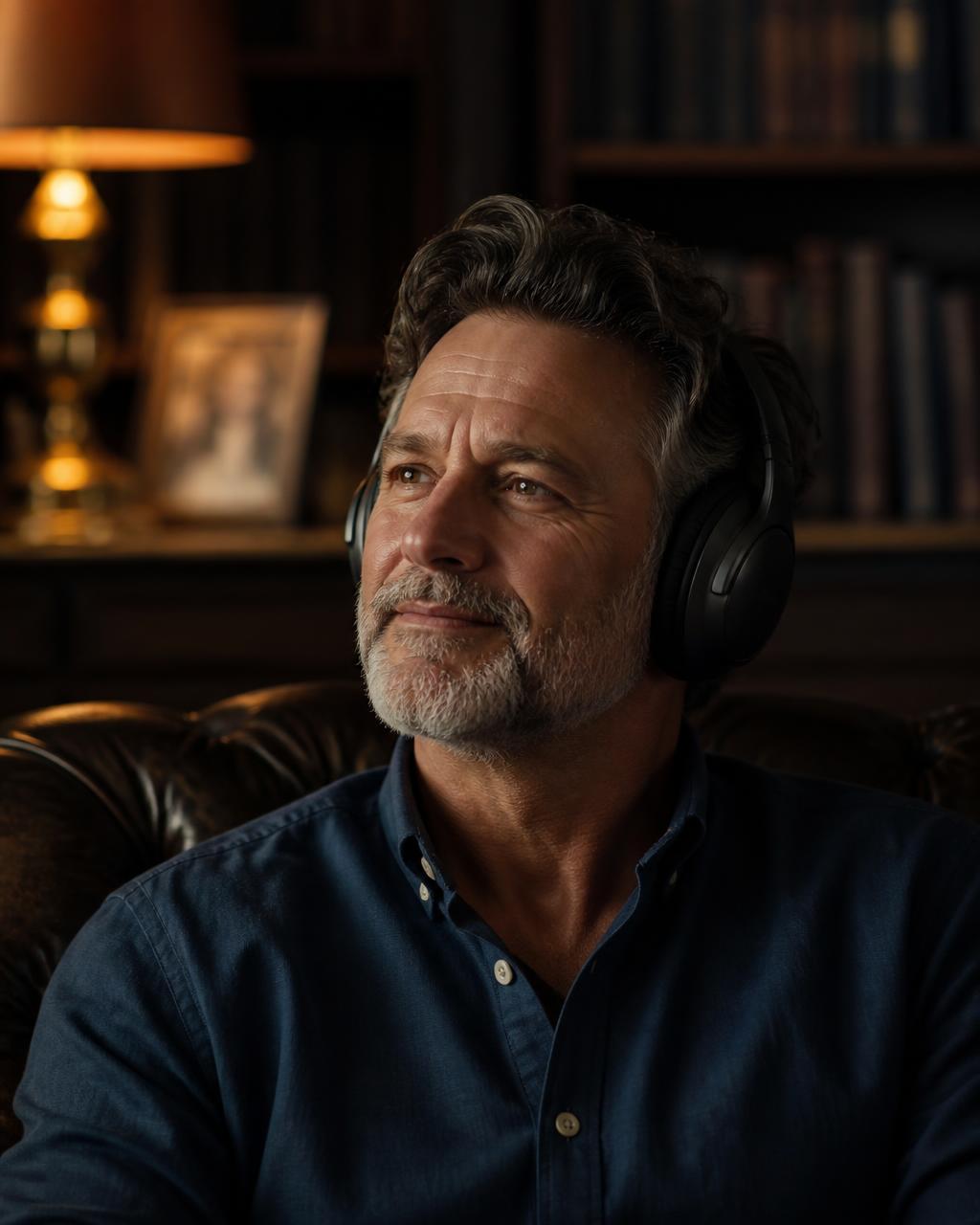 A father listening with headphones, laughing then turning proud and appreciative