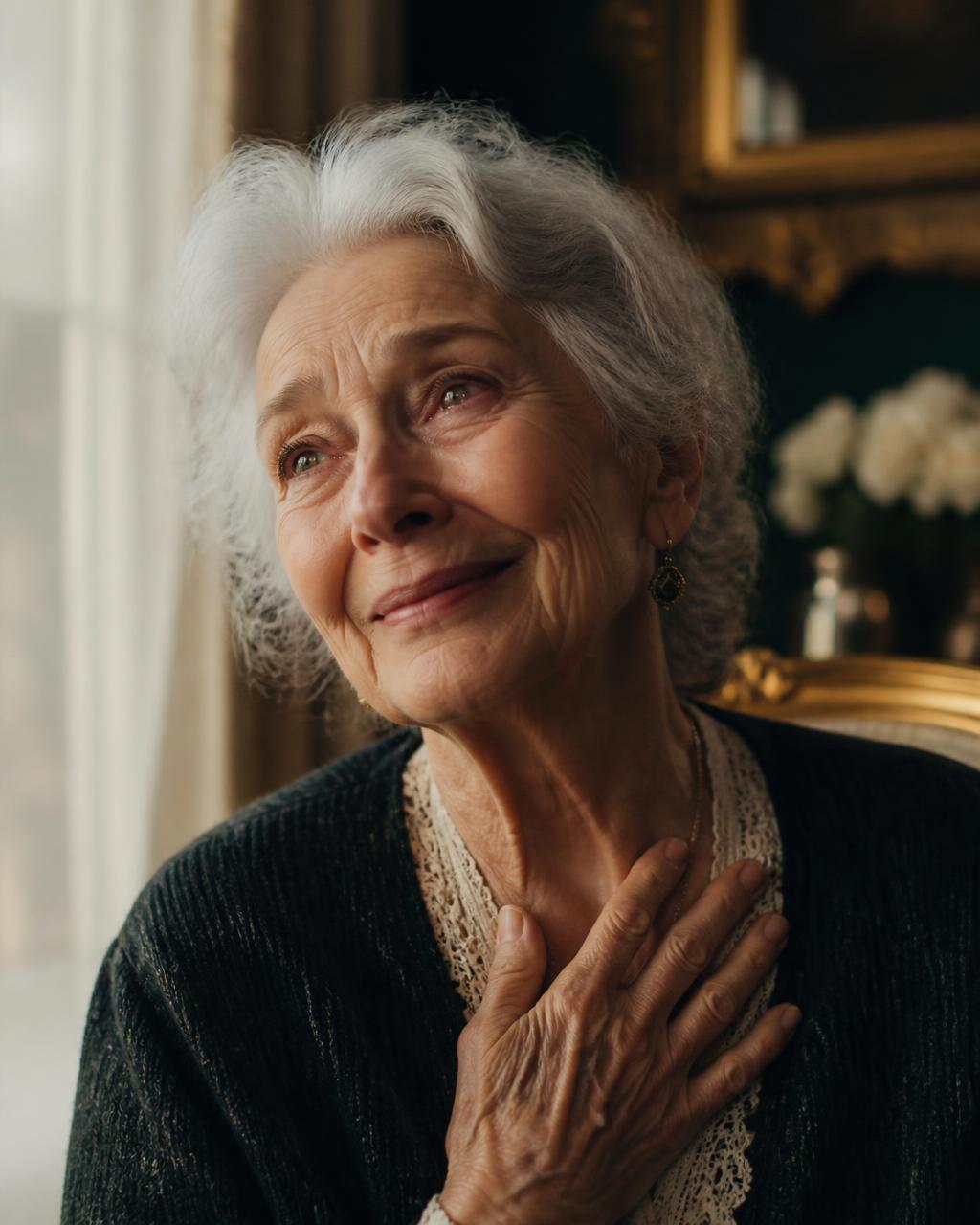 A grandmother touched by a custom song, hand on her heart