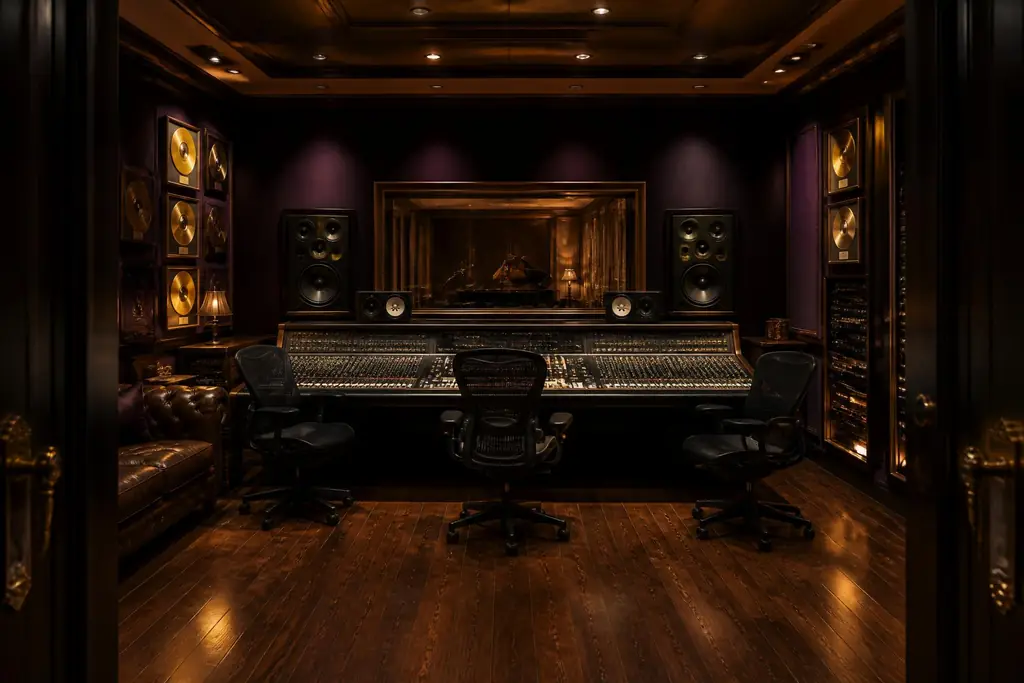 A luxurious music room with gold records and warm lamps